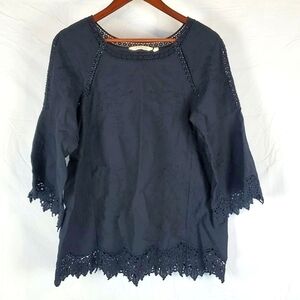 Soft Surroundings Black Floral Embroidered Crochet Hem Blouse‎ Top